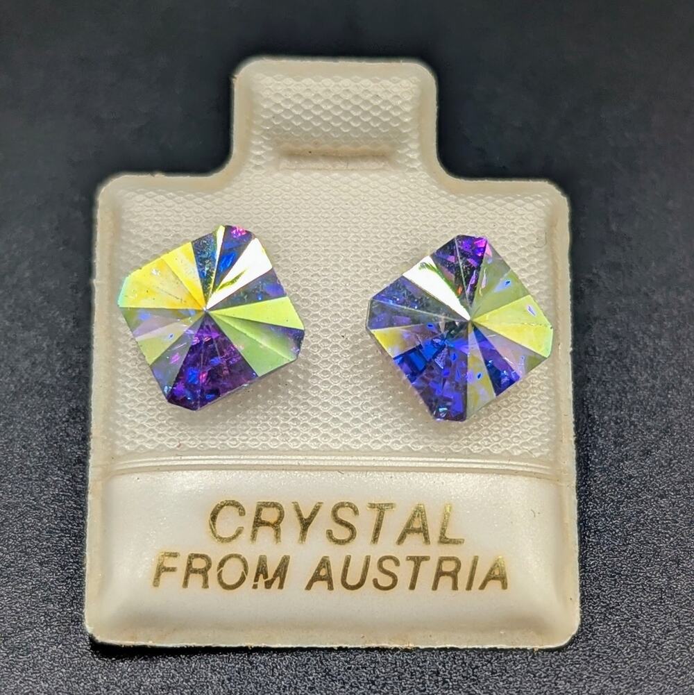 Vintage Austrian Crystal Stud Earrings Aurora Borealis Faceted Earrings
